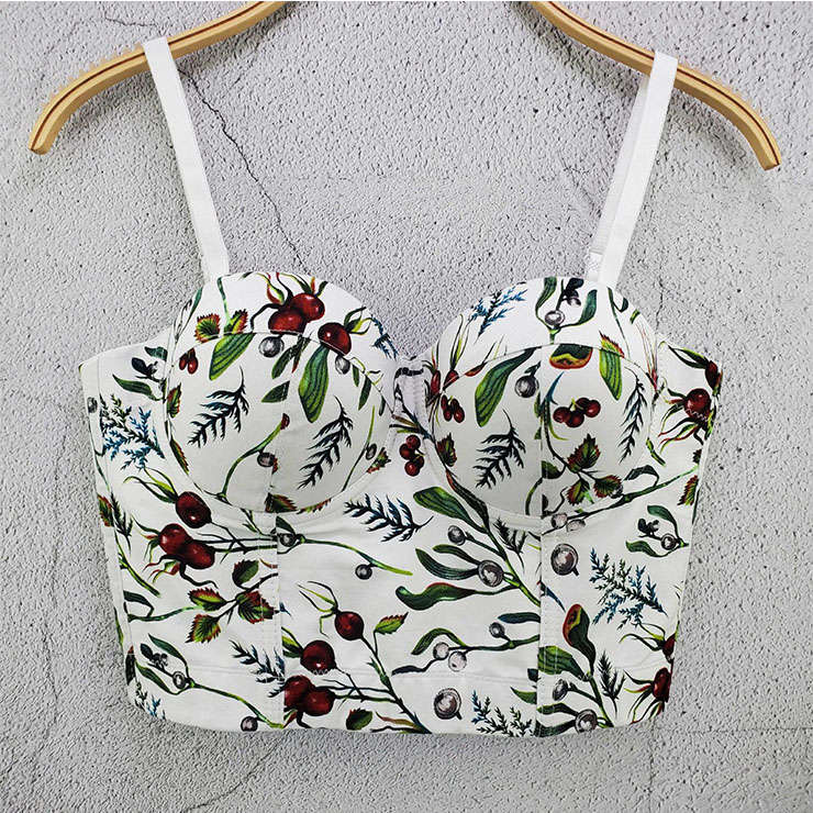 Sexy French Leaves Print Padded Underwire Bustier Spaghetti Straps Bra Clubwear Crop Tops N21027