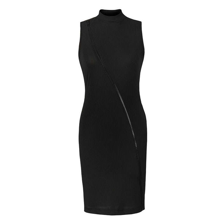 Sexy Front Zipper Revealing High Neck Backless Sleeveless Elastic Bodycon Clubwear Wrap Dress N21845