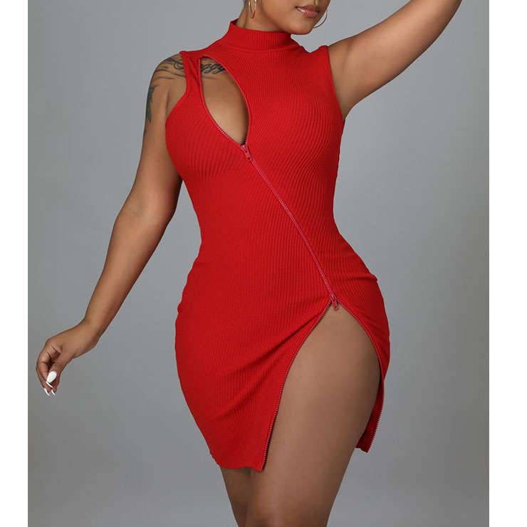 Sexy Front Zipper Revealing High Neck Backless Sleeveless Elastic Bodycon Clubwear Wrap Dress N21846