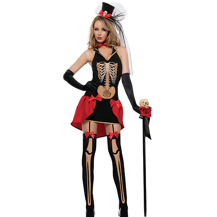 Sexy Gothic Skeleton Printed V-neck Backless Women's Club Party Halloween Death Day Costume N18195