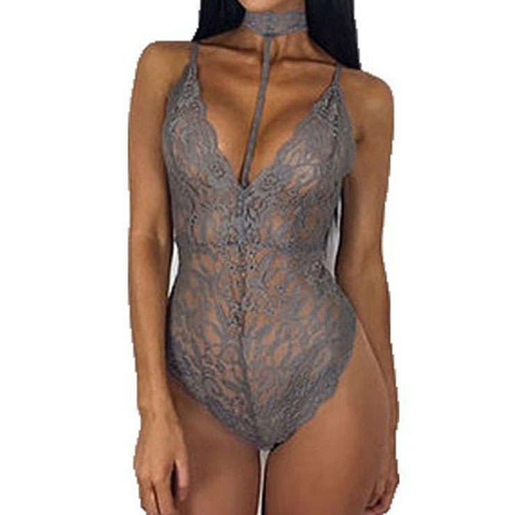 Sexy Gray Halter Deep V Floral Lace Bodysuit Teddy Lingerie N16573