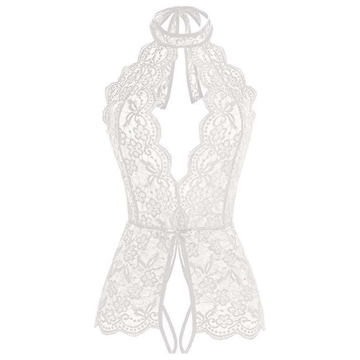 Sexy Halter Cut-out Crotchless Elastic See-through Lace Backless Bodysuit Teddies Lingerie N21964