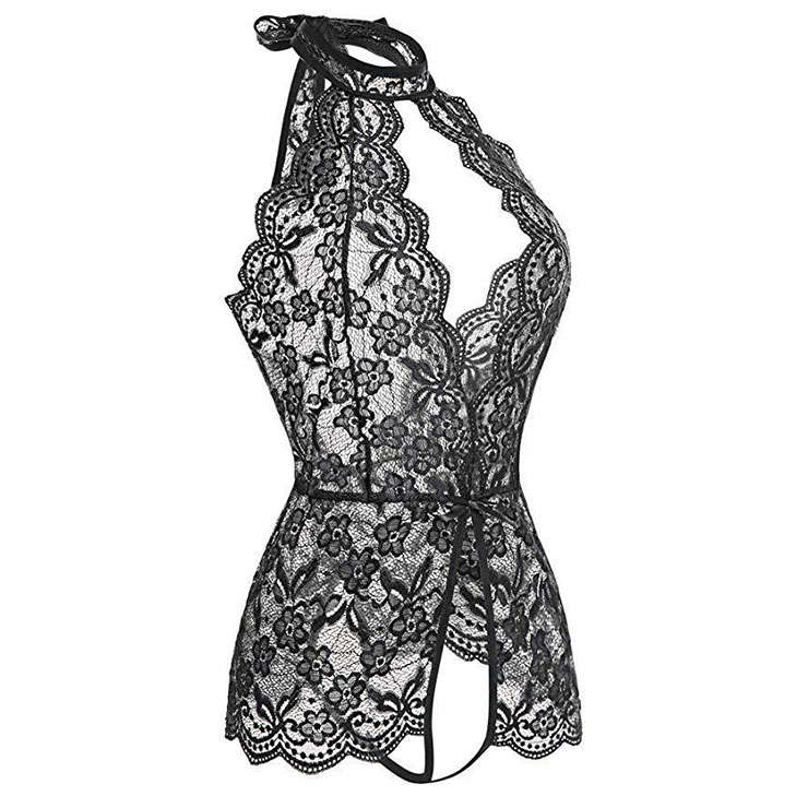 Sexy Halter Cut-out Crotchless Elastic See-through Lace Backless Bodysuit Teddies Lingerie N21966