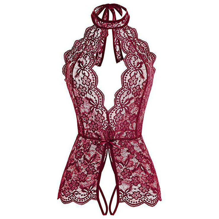 Sexy Halter Cut-out Crotchless Elastic See-through Lace Backless Valentines Teddies Lingerie N21967
