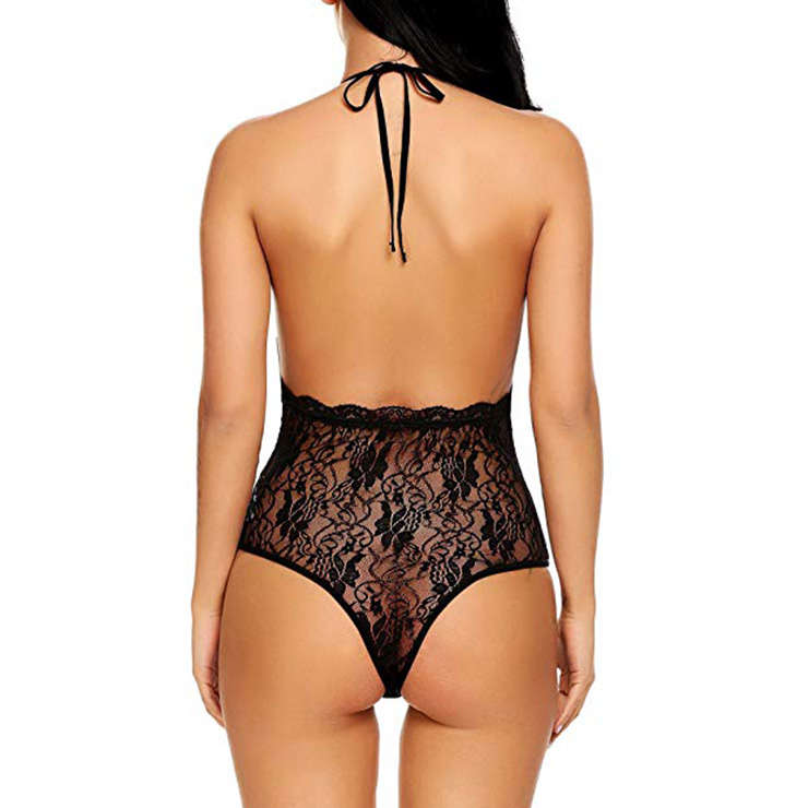 Sexy See-through Floral Lace Halter Low-cut Bodysuit Teddies Lingerie N18930