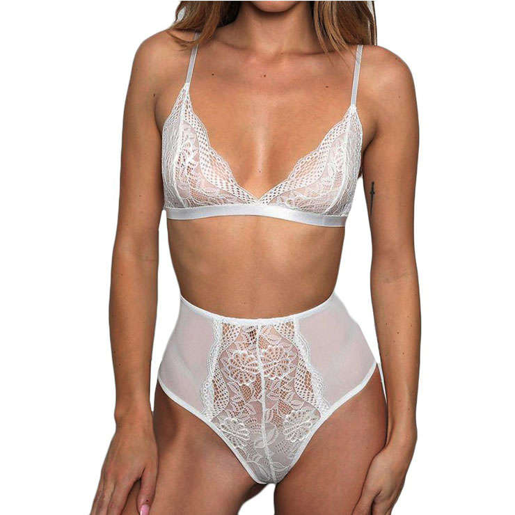 Sexy White See-through Lace Mesh Spaghetti Straps Bra and Panty Three-point Lingerie Set N21230