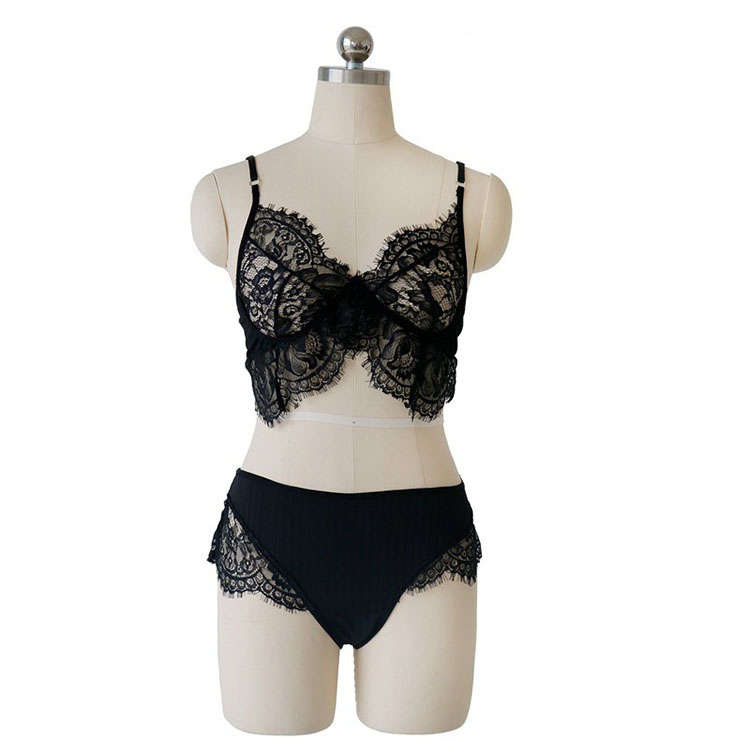 Sexy Black See-through Lace Bra and Thong Bikini Three-point Underwear Lingerie Set N20642