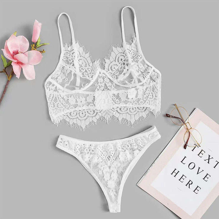Sexy See-through Thin Lace Spaghetti Straps Bralette and Panties Two-piece Underwear Lingerie N21990