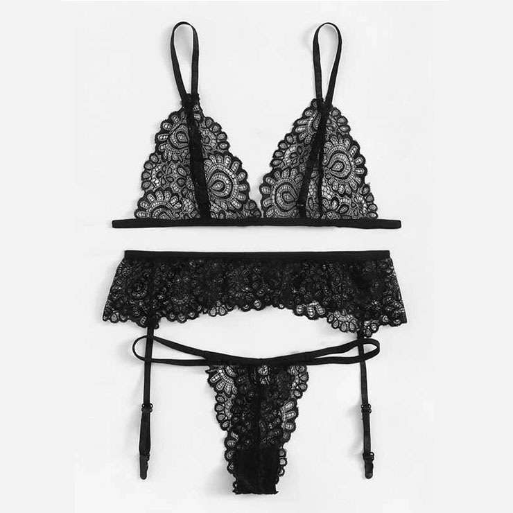 Sexy Black Lace Hollow Spaghetti Straps Triangle Bra Thong Lingerie Sets With Garter N20745