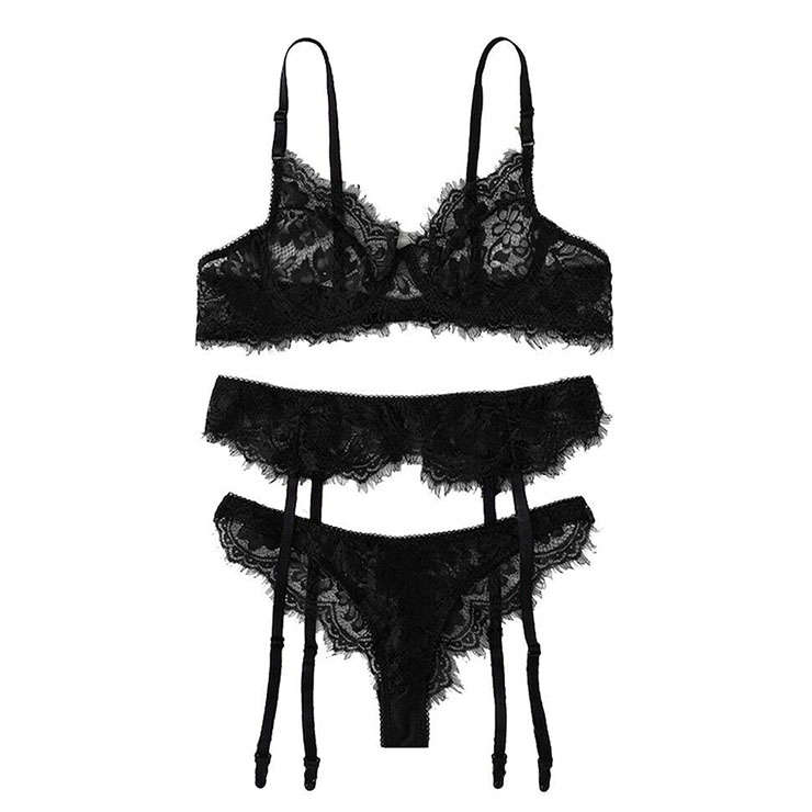 3Pcs Sexy Black Floral Lace Spaghetti Straps Triangle Bra Panty Lingerie Set With Garter N20760