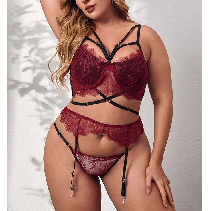 Plus Size Sexy See-through Lace Strappy Bra and Thong High Waist Lingerie with Garters N22219