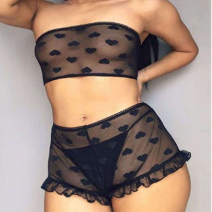 Plus Size Sexy Black Two Piece Love Dots Lace Backless Tube Top And Panty Lingerie Set N20999