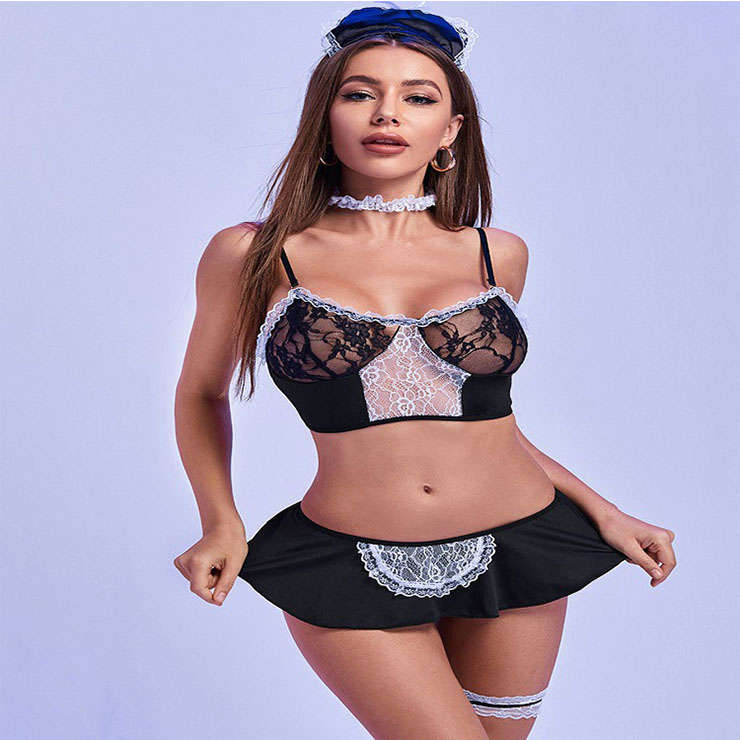 Sexy Black & White French Maid Temptation Lace Sling Chemise Lingerie Sets Cosplay Costume N21004