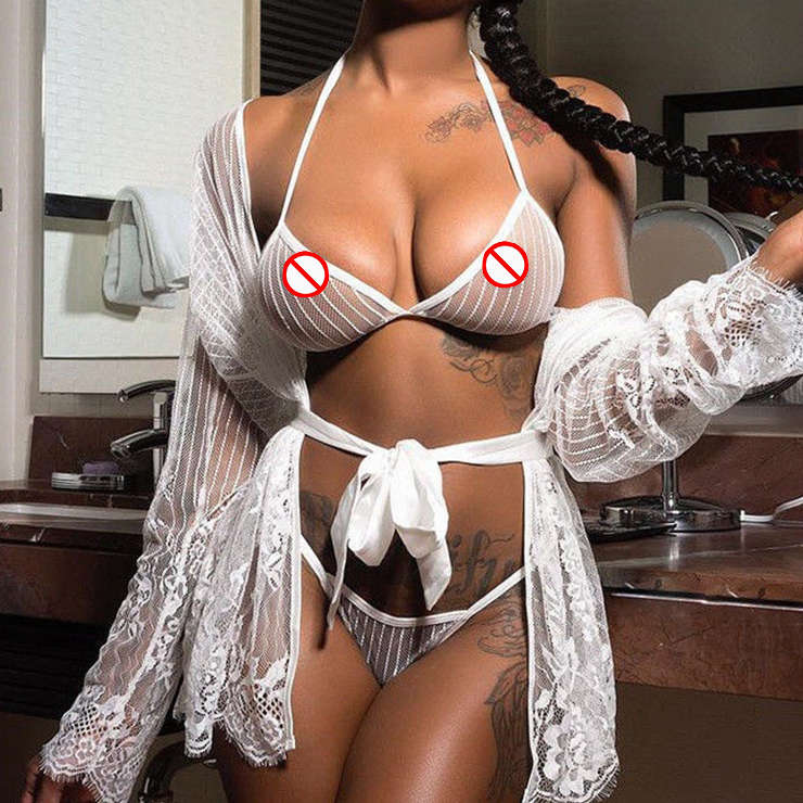 Flirty See-through Thin Mesh Halter Bra and Thong Backless Stretchy Lingerie Set N19374