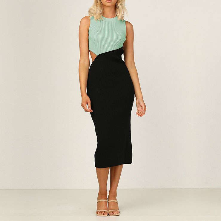 Vintage Mockneck Sleeveless Patchwork Cut-out Sexy Elastic Knitted Bodycon Wrap Dress N21652