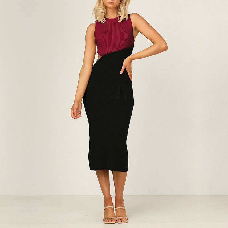 Vintage Mockneck Sleeveless Patchwork Cut-out Sexy Elastic Knitted Bodycon Wrap Dress N21653