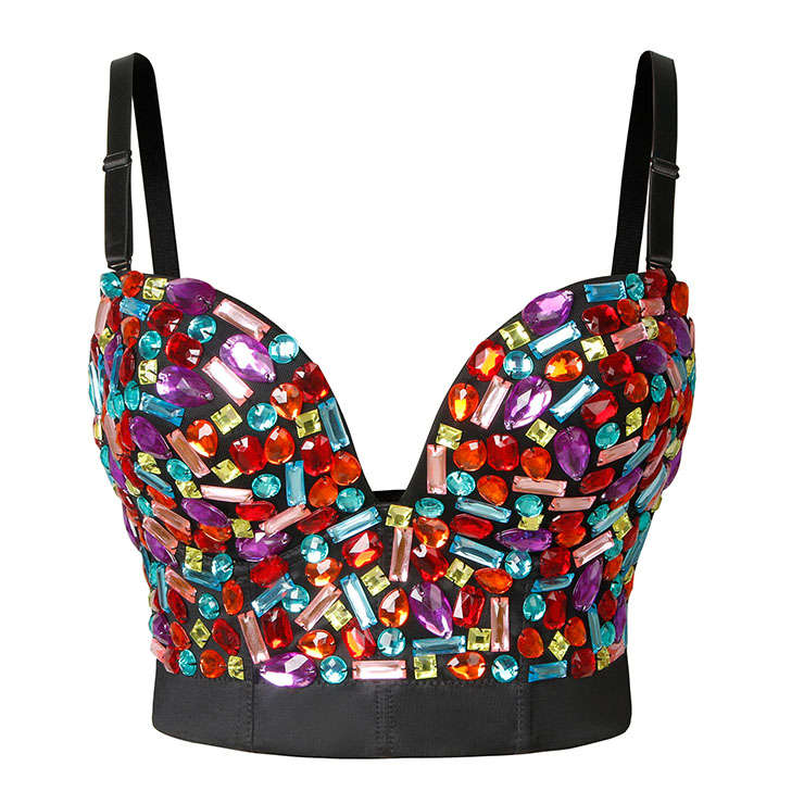 Sexy Multi Colored Sweets Studded Gem Spaghetti Straps Bustier Bra Clubwear Crop Top N22348