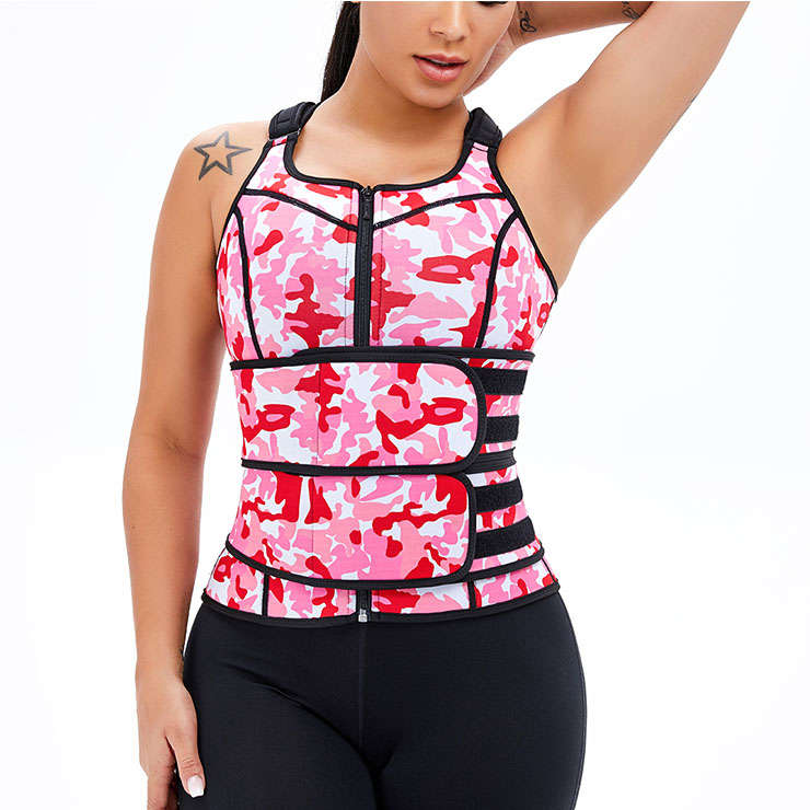 Sexy Camouflage-pink Neoprene Sports Waist Cincher Zipper Vest Corset With Belts N20896