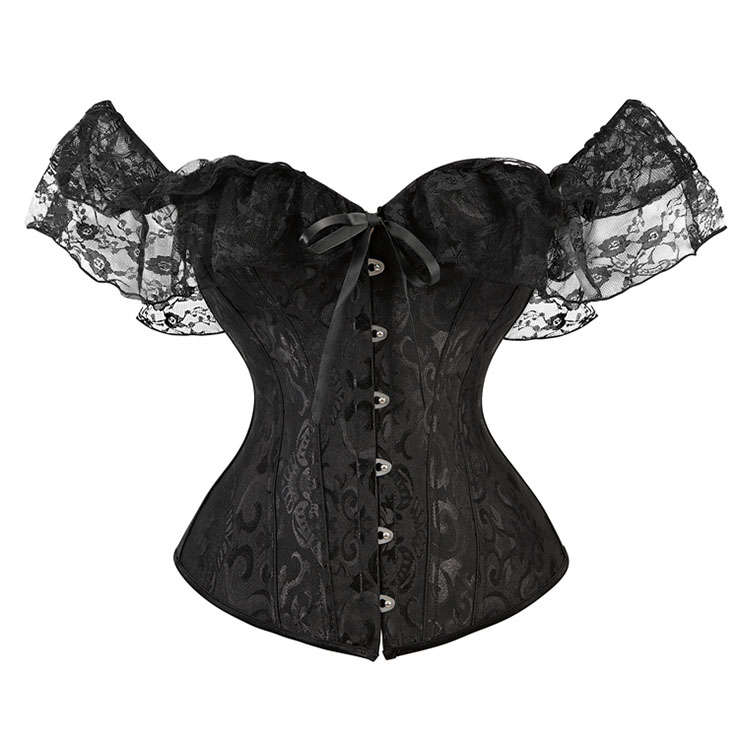 Sexy Black Jacquard Off Shoulder Floral Lace Plastic Boned Overbust Corset N20911