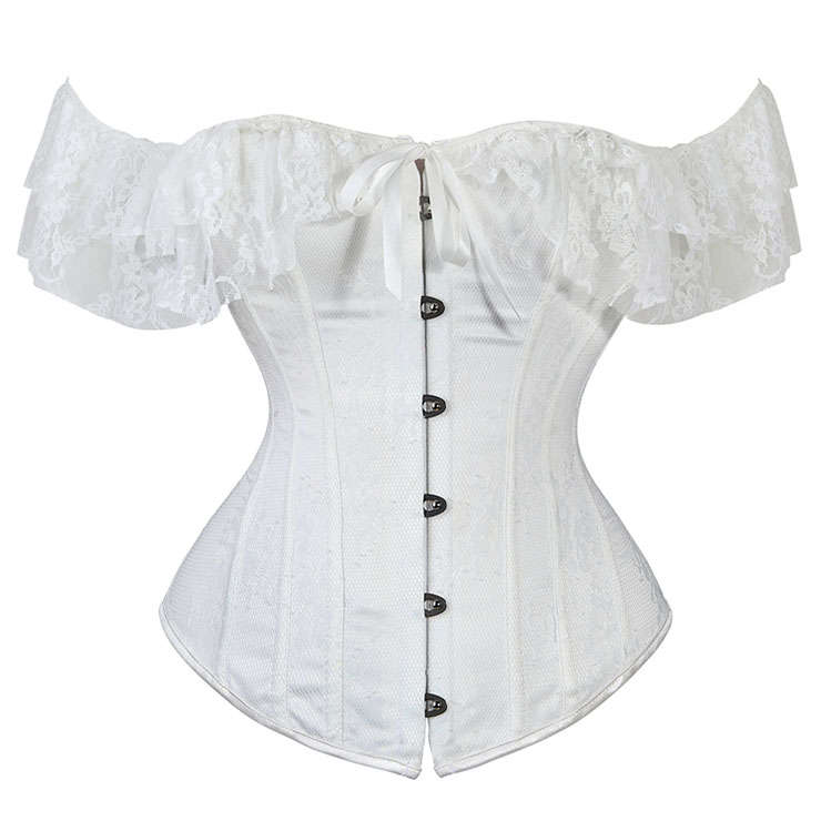 Sexy Satin Off Shoulder Floral Lace Waist Cincher Plastic Boned Overbust Corset N20912