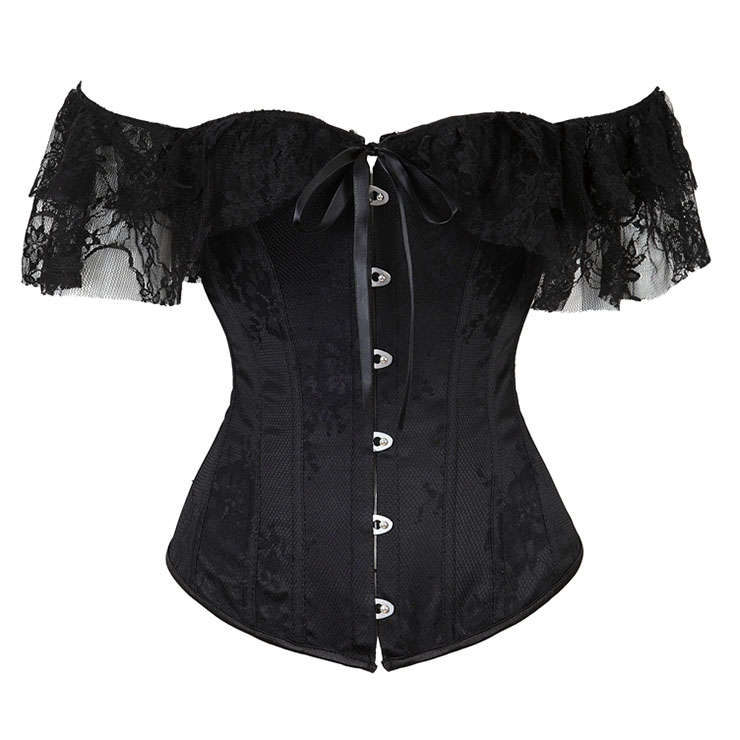 Sexy Satin Off Shoulder Floral Lace Waist Cincher Plastic Boned Overbust Corset N20913