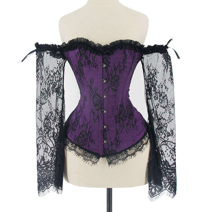 Women's Sexy Gothic Plastic Boned Off-shoulder Overbust Corset with Long Floral Lace Sleeve N21839