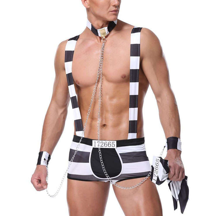 3pcs Men's Sexy Prisoner Cosplay Thong with Chain Handcuffs Slave Clubwear Clothing N22189