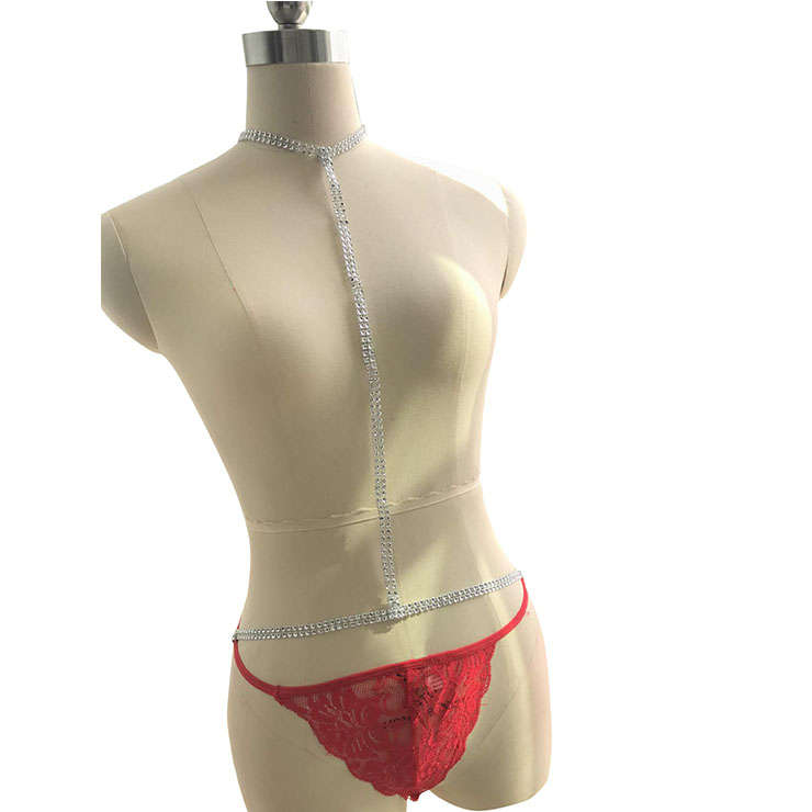 Sexy Red See-through Floral Lace Low Waist Halter Chain Thong PT20853