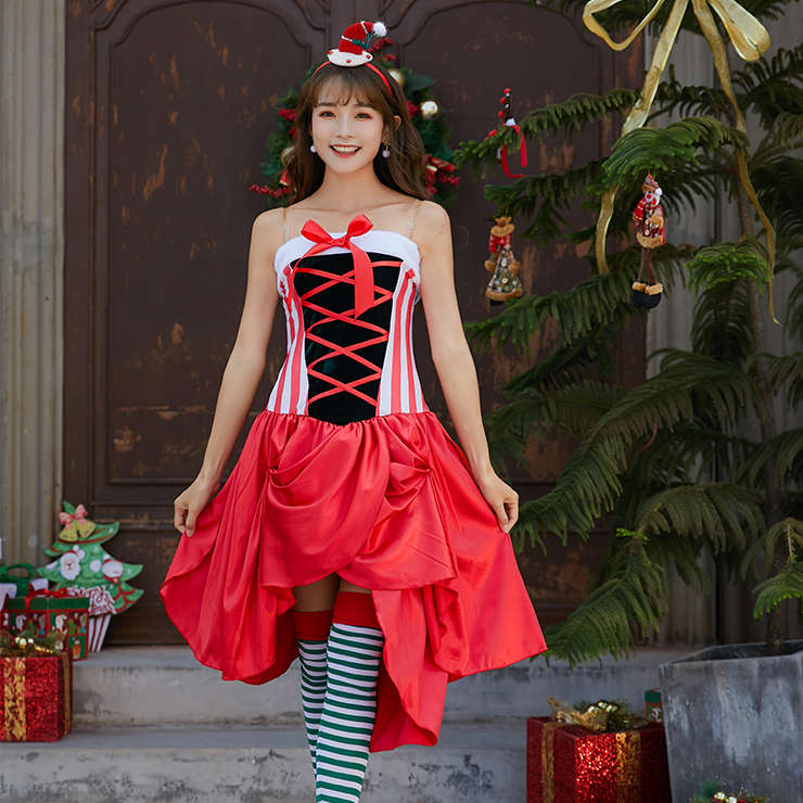 Women's Sexy Santa Girl Strapless Asymmetrical Mini Dress Christmas Costume XT19996