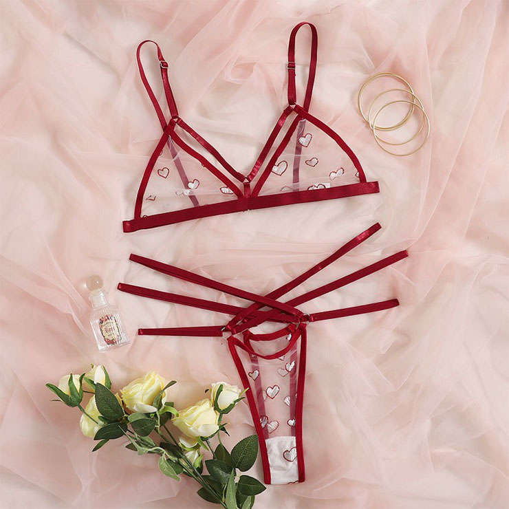 Sexy See-through Mesh Heart Embroidery Strappy Bra and Thong Underwear Lingerie N21980