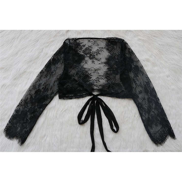 Sexy Black See-through Floral Lace Long Sleeve Self-tying Thin Crop Top Underwear N19335