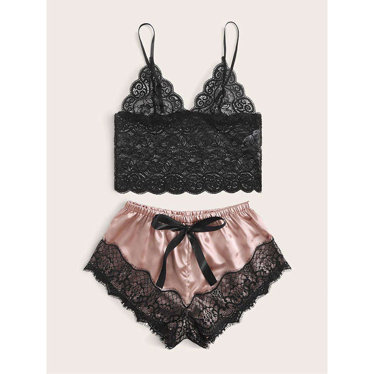 Sexy See-through Lace Spaghetti Straps Top and Soft Imitated Silk Panties Sleepwear Lingerie N22002