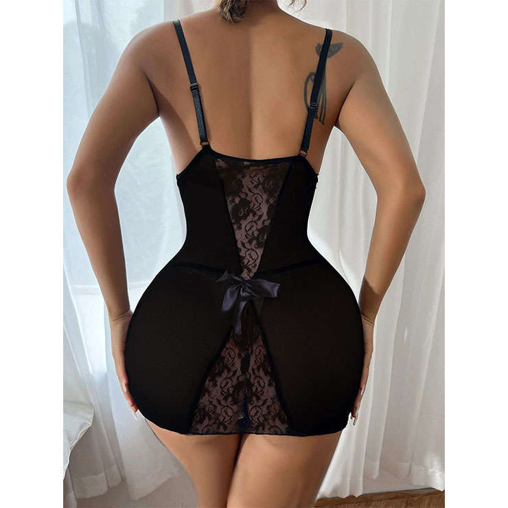 Sexy See-through Floral Lace and Mesh Spaghetti Straps Low-cut Babydoll Nightwear Chemise N21691