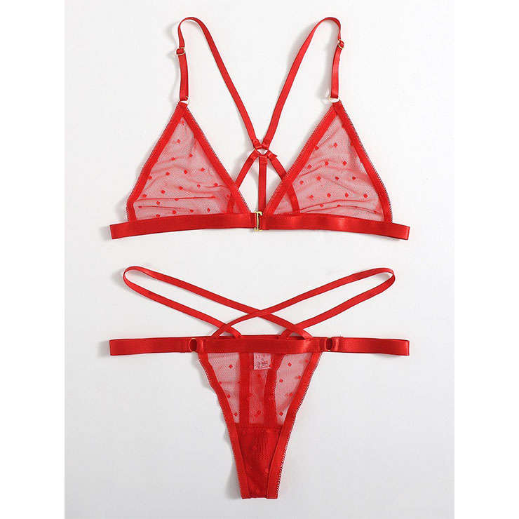 Sexy See-through Mesh Spaghetti Straps Triangle Bra and Strappy Thong Valentines Lingerie N22008