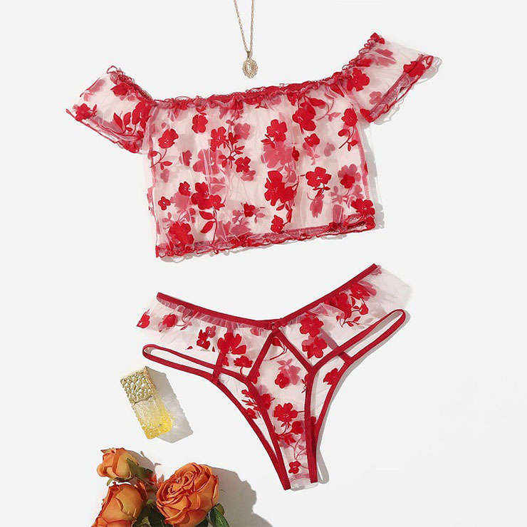Sexy See-through Mesh Red Floral Embroidery Crop Top and Panties Sleepwear Lingerie N21981