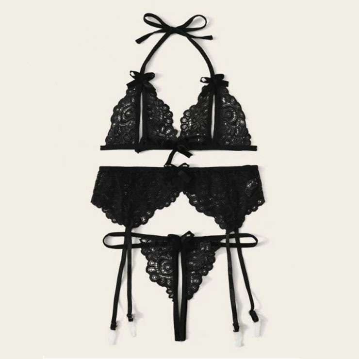 3Pcs Sexy Black Sheer Floral Lace Halter Bowknot Bikini Lingerie Bra Thong Set With Garter N20712