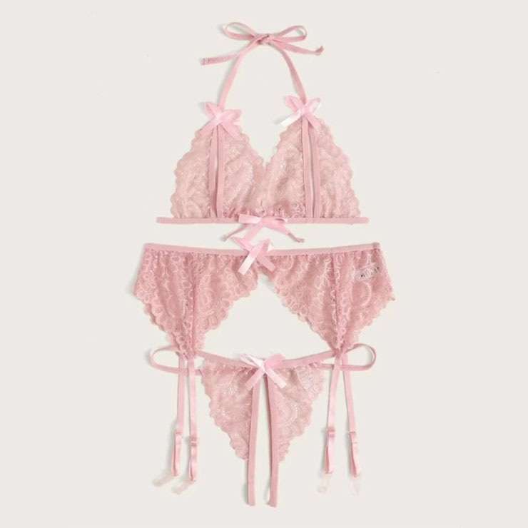 3Pcs Sexy Pink Sheer Floral Lace Halter Bowknot Bikini Lingerie Bra Thong Set With Garter N20714