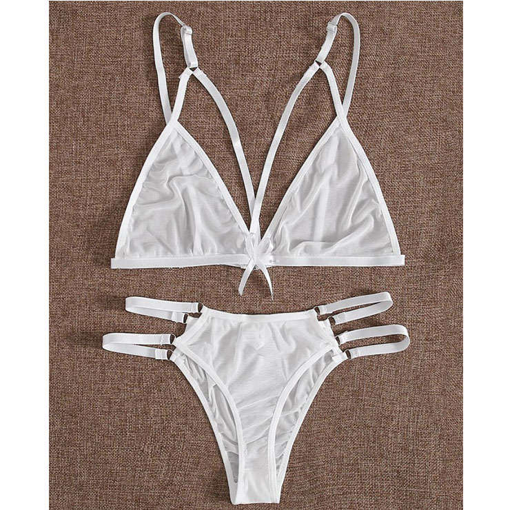 Sexy Sheer Mesh Halter Strappy Back-clasp Bikini Triangle Bra and Panty Lingerie Set N20695