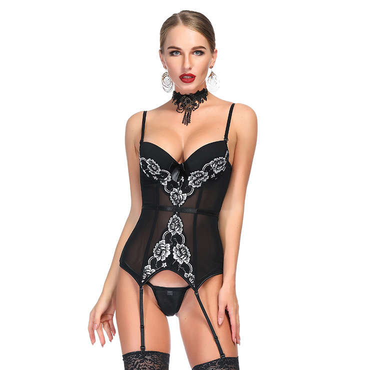 Sexy Black Mesh with Floral Embroidery Spaghetti Straps Stretchy Lingerie Bustier Corset N19204