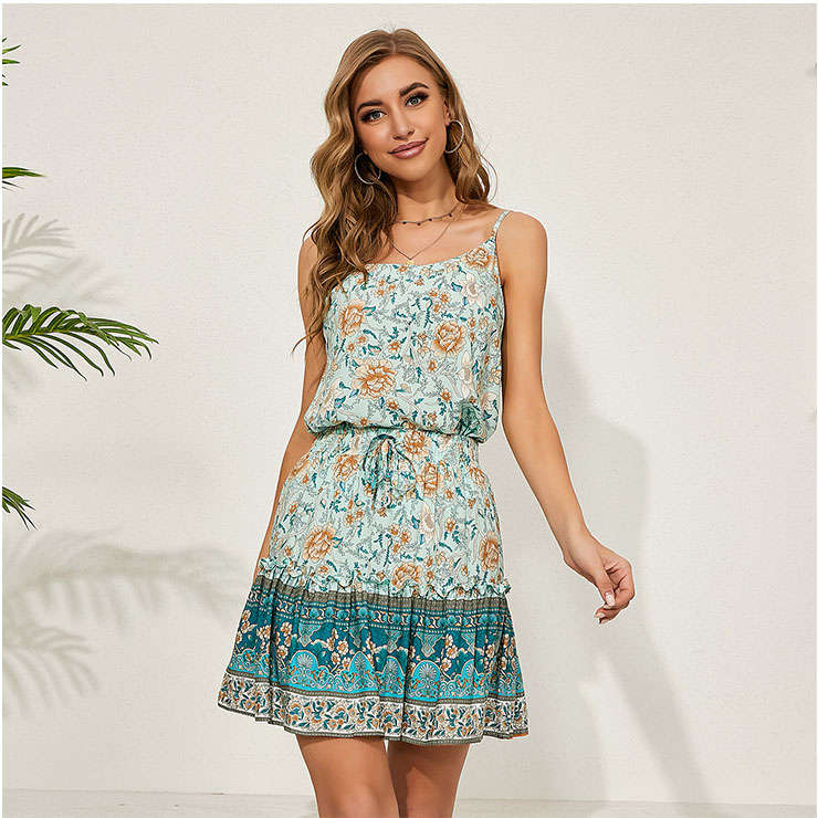 Sexy Floral Print Sling Top With High Waist Ruffle Hemline Mini Skirt Sets N20925