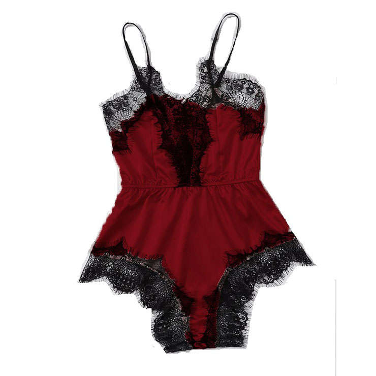 Sexy Rose-red Satin Lace Trim Spaghetti Strap Pajamas Teddy Bodysuit Lingerie N21330