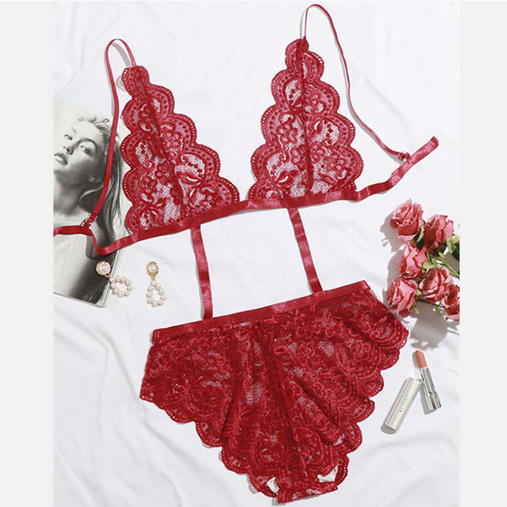 Sexy Red Floral Lace Spaghetti Straps Hollow Out One-piece Teddy Lingerie N21216