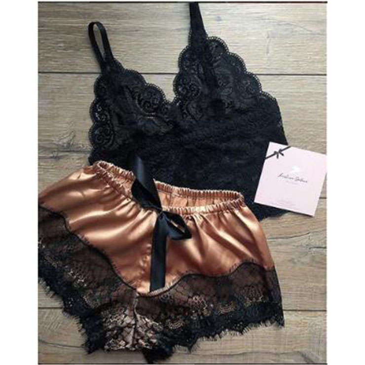 2Pcs Sexy Sheer Floral Lace Three-point Bra And Champagne Satin Panty Split Pajamas Suit N20975