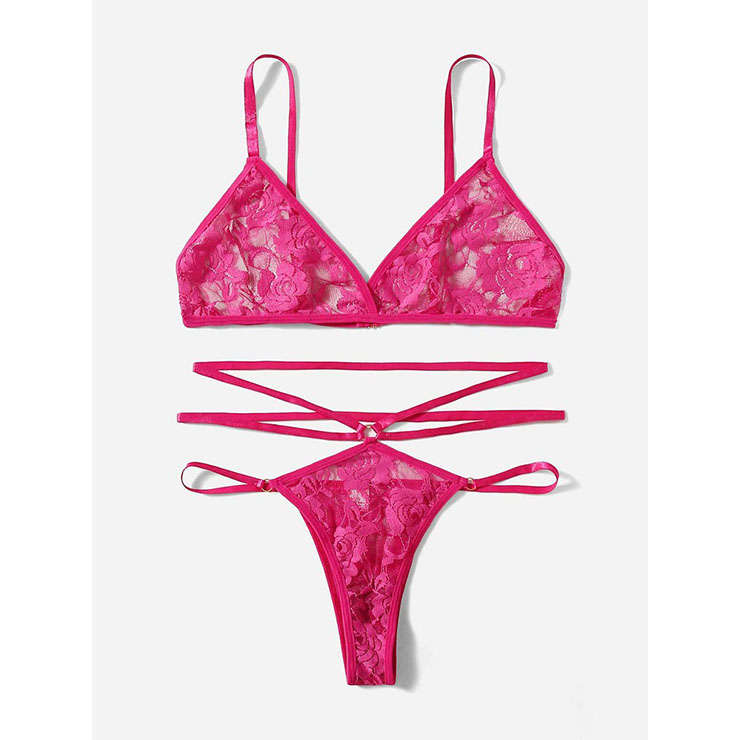 Sexy Spaghetti Straps Bralette and Thong See-through Floral Lace Strappy Underwear Lingerie N21998