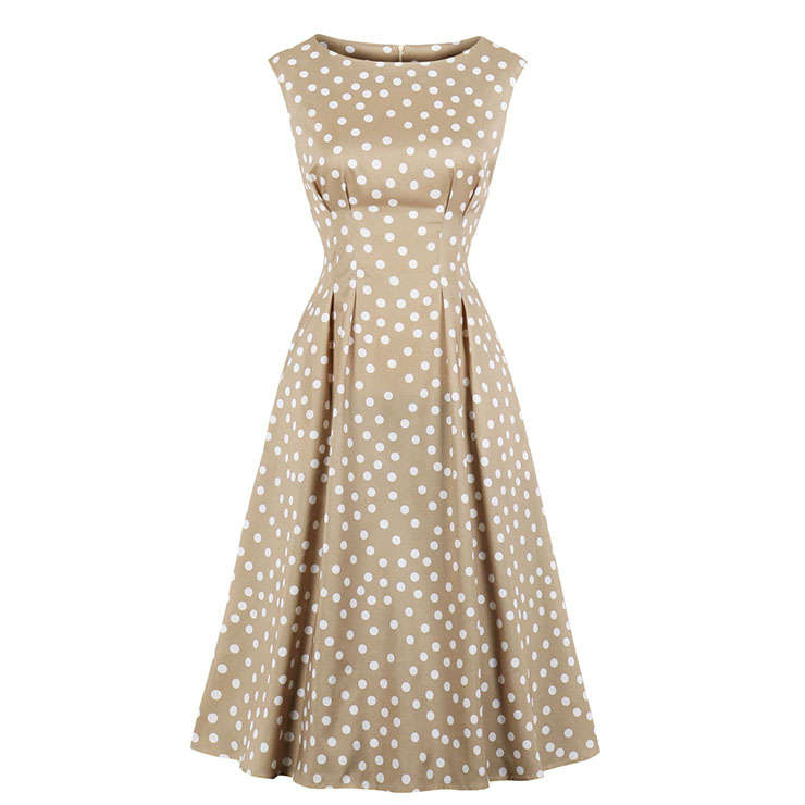 Sexy Khaki Round Neck Sleeveless Slim Waist Polka Dots Print Summer A-line Dress N20772