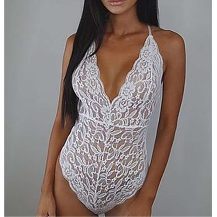 Sexy White Cross Straps Deep V Floral Lace Bodysuit Teddy Lingerie N16729