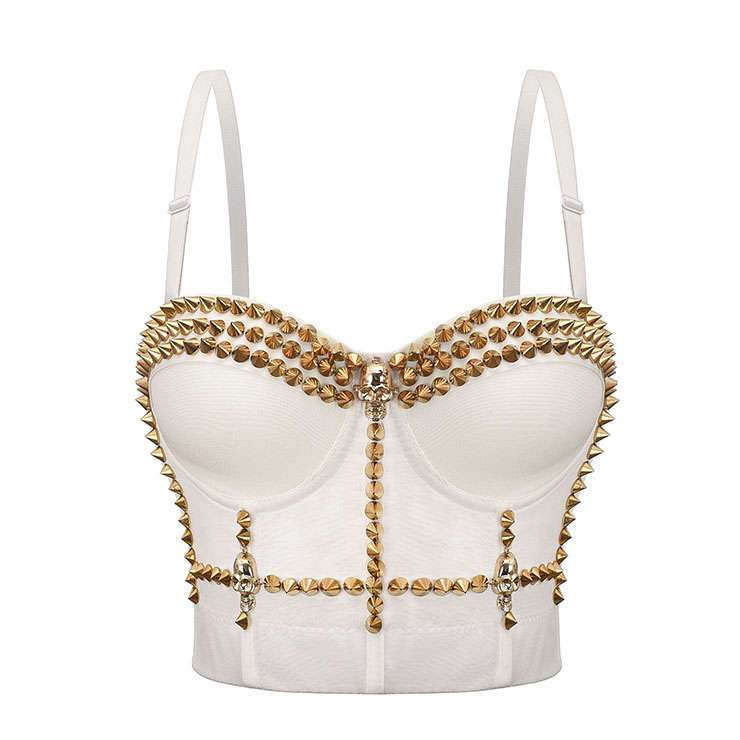 Sexy White Spaghetti Straps Rivet Skull Bustier Bra Corset Clubwear Crop Top N20838