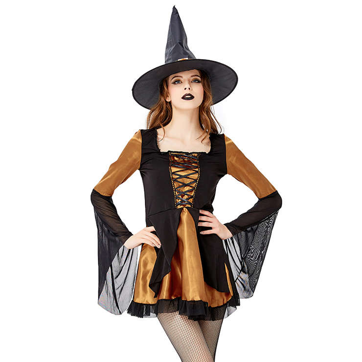 Sexy Gothic Witch Long Flared Sleeve Mini Dress Adult Halloween Cosplay Costume with Hat N19442