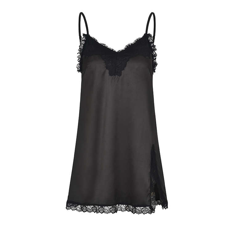 Charming Spaghetti Straps Low-cut Floral Lace Trim Side Split Soft Nightgown Chemise N19231