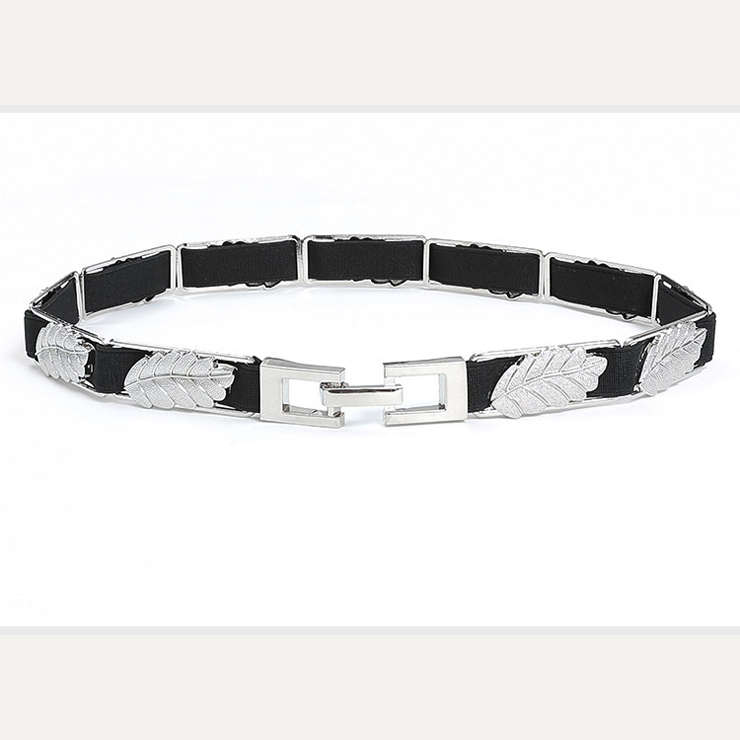 Fashion All-match Silver Alloy Leaf Elastic Thin Waist Belt N17939